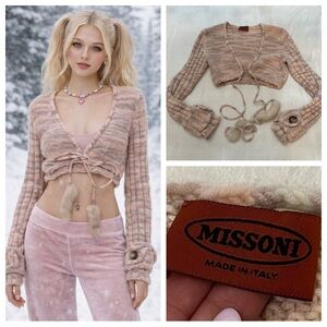 MISSONI 100% Cashmere Fur Tassel Tie Front Cardigan Luxury Knit 51498